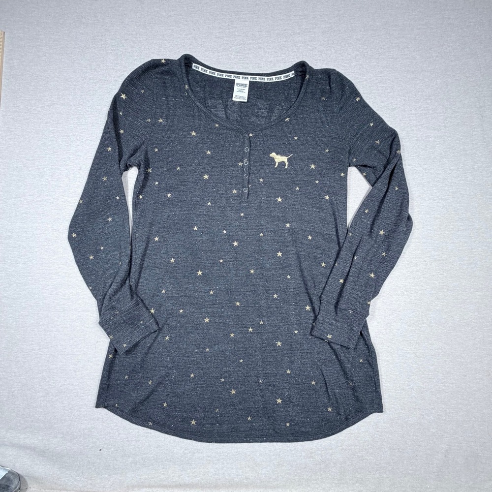 Pink Victoria's Secret Sleep Shirt Gray Gold Star Waffle Knit Henley Large